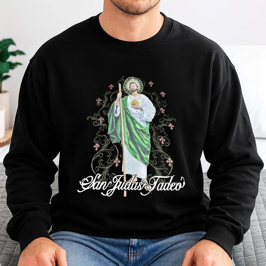 San Judas Tadeo Graphic Sweatshirt | Saint Jude Religious Catholic Apparel | Premium Cotton Blend Crewneck | Devotional Gift For Men And Women