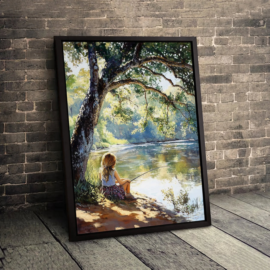 Girl Fishing Canvas Wall Art | Serene River Landscape Under Tree | Premium Gallery-Wrapped Print | Peaceful Nature Home Decor Gift