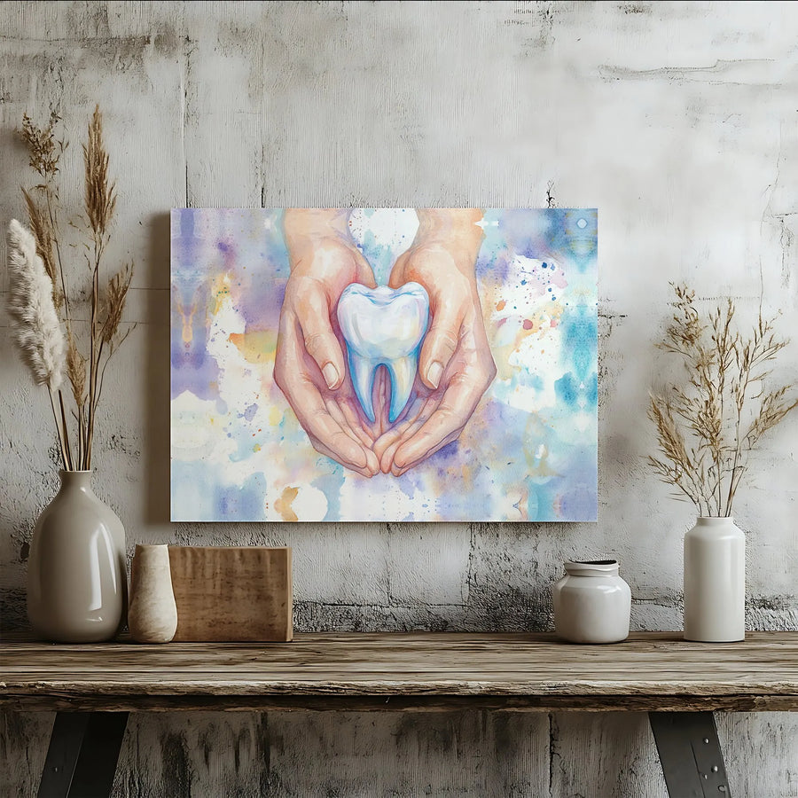 Dental Office Wall Art | Watercolor Tooth In Hands Print | Premium 1.25 Inch Gallery Wrap Canvas | Dentist Office Decor & Dental Hygienist Gift