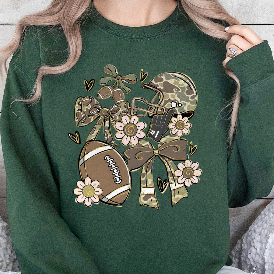 Football Camo Sweatshirt | Floral Bow Gameday Graphic | Premium Cotton Blend | Gift For Football Mom And Fan