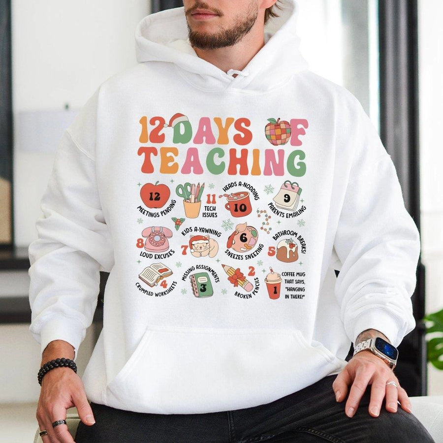 12 Days Of Teaching Christmas Teacher Hoodie | Retro School Supplies Graphic | Premium Cotton-Poly Blend | Funny Holiday Gift For Teachers