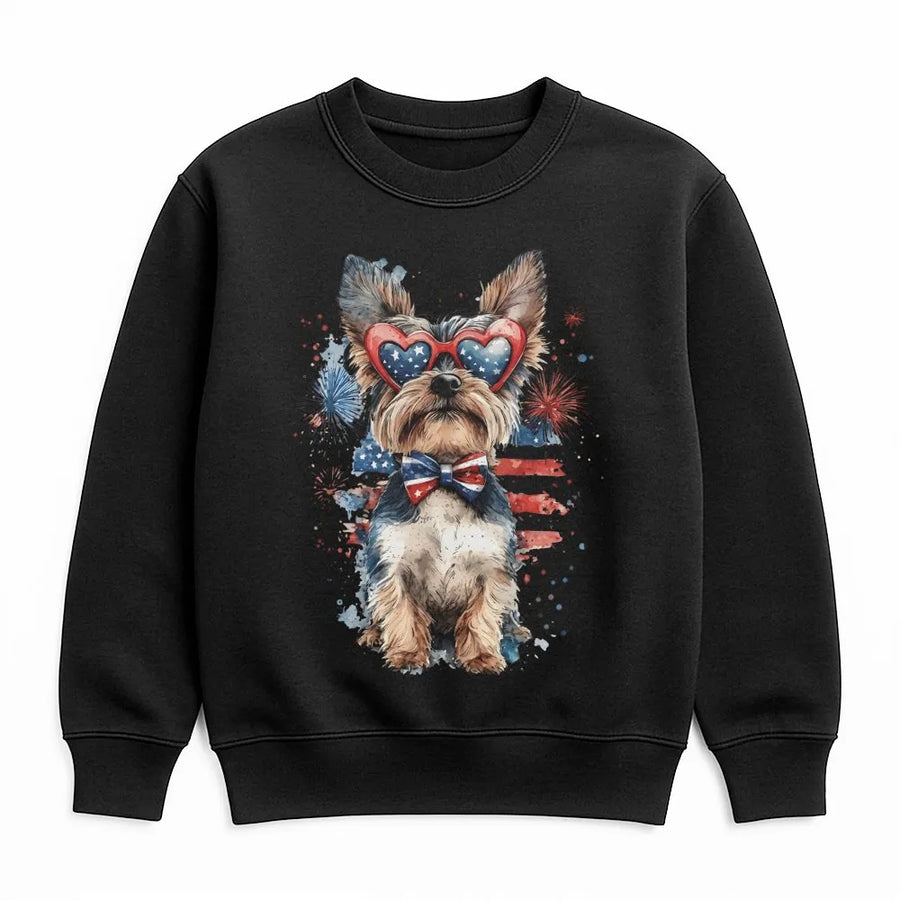 Patriotic Yorkie Sweatshirt | Watercolor American Flag Graphic | Premium Cotton Blend | 4th of July Gift for Dog Lover