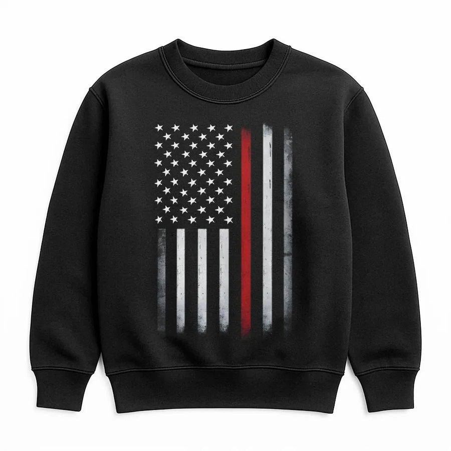 Thin Red Line Flag Sweatshirt | Distressed American Flag Graphic | Premium Crewneck Pullover | Gift for Firefighter Supporter