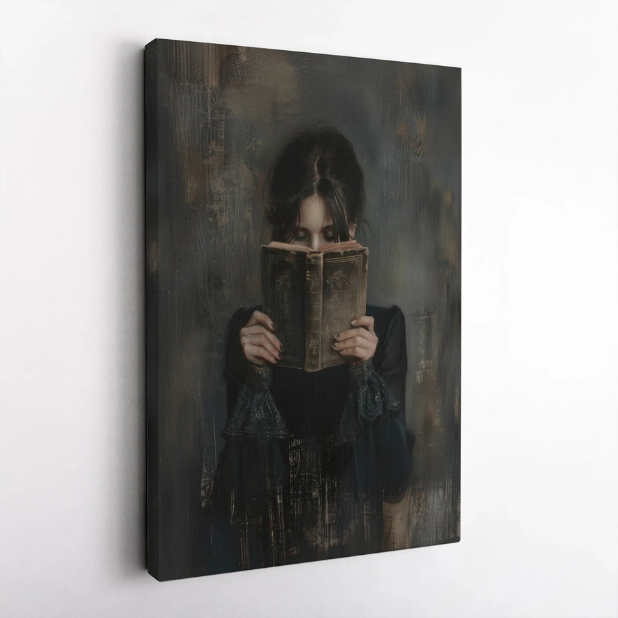 Dark Academia Canvas Wall Art | Woman Reading Vintage Book Portrait | Premium Gallery Wrap Decor | Moody Literary Home Decor Gift