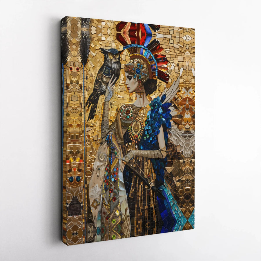 Goddess with Owl Canvas Wall Art | Golden Mosaic Warrior Print | Premium Gallery Wrapped Decor | Mythological Home & Office Wall Decor Gift