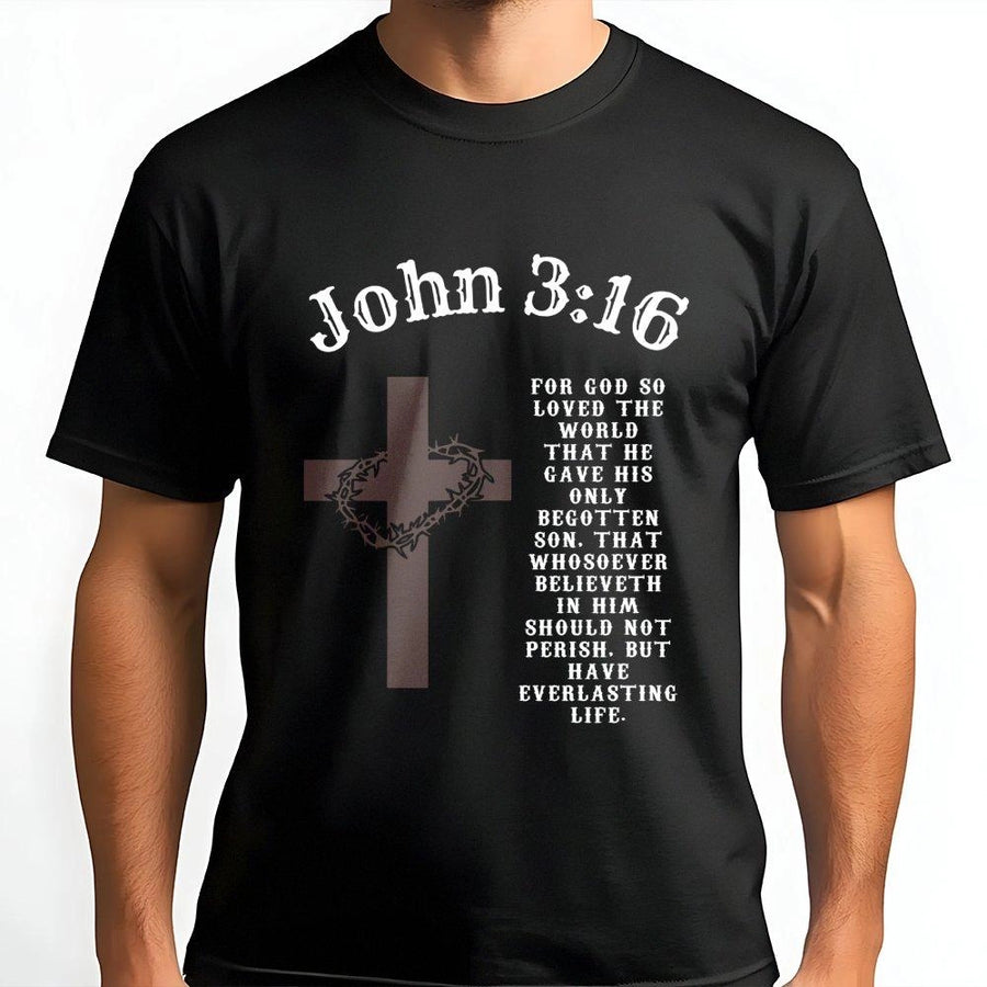 John 3:16 Christian T-Shirt | Cross and Crown of Thorns Bible Verse Graphic | Premium Cotton Unisex Apparel | Faith-Based Religious Gift for Believers