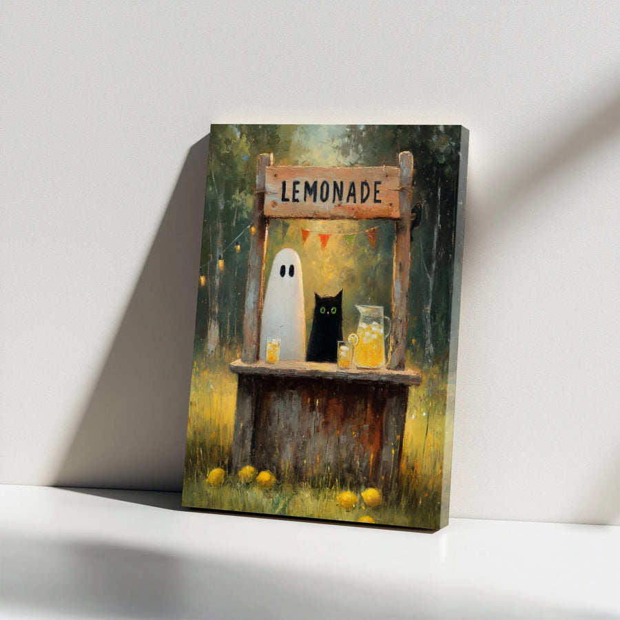 Cute Ghost Black Cat Lemonade Stand Vertical Canvas | Whimsical Spooky Autumn Painting | 1.25” Premium Gallery Wrap | Cozy Fall Halloween Wall Art Decor Gift