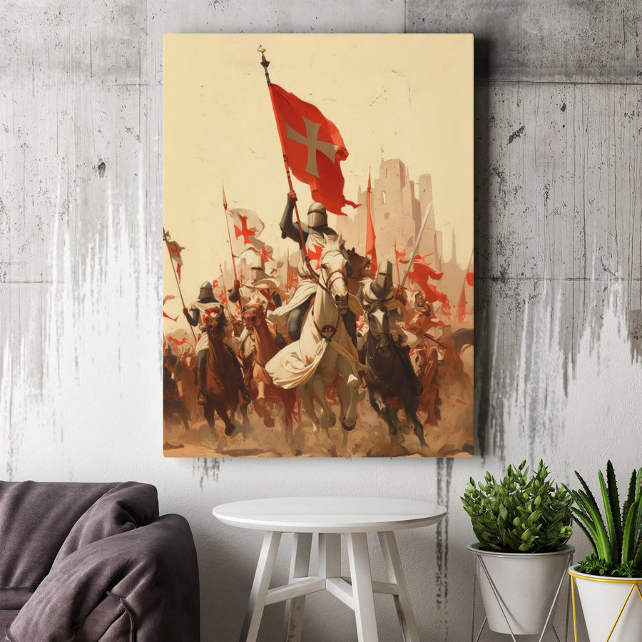Knights Templar Battle Canvas Print | Epic Medieval Crusader Horseback Wall Art | Premium Gallery Wrapped Decor | Gift for History Lovers