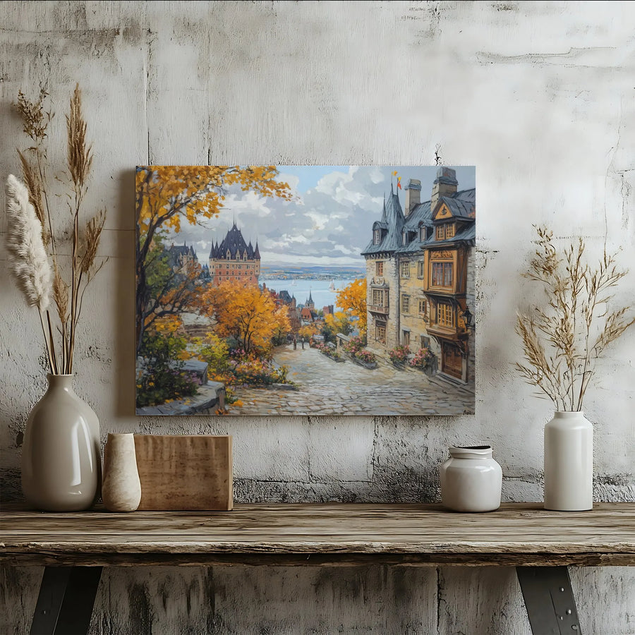 Quebec City Wall Art | Chateau Frontenac Autumn Cobblestone Street | Premium Gallery-Wrapped Canvas | Travel Decor Gift for Canada Lovers