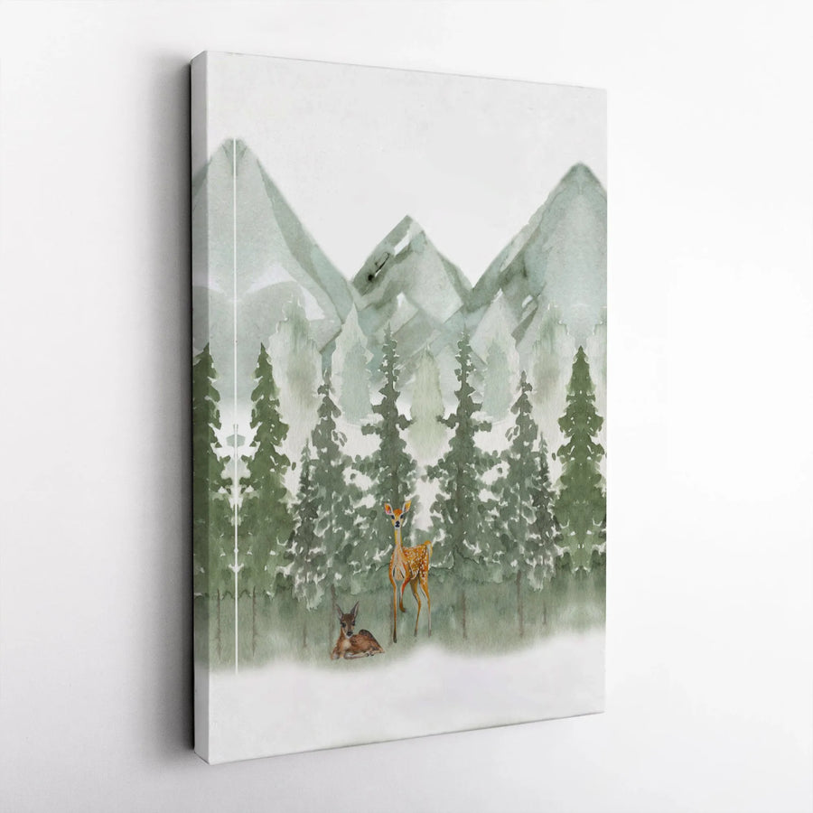 Watercolor Deer Canvas Print | Misty Pine Forest and Mountains | Premium Gallery Wrap Wall Art | Modern Rustic Home Decor for Living Room