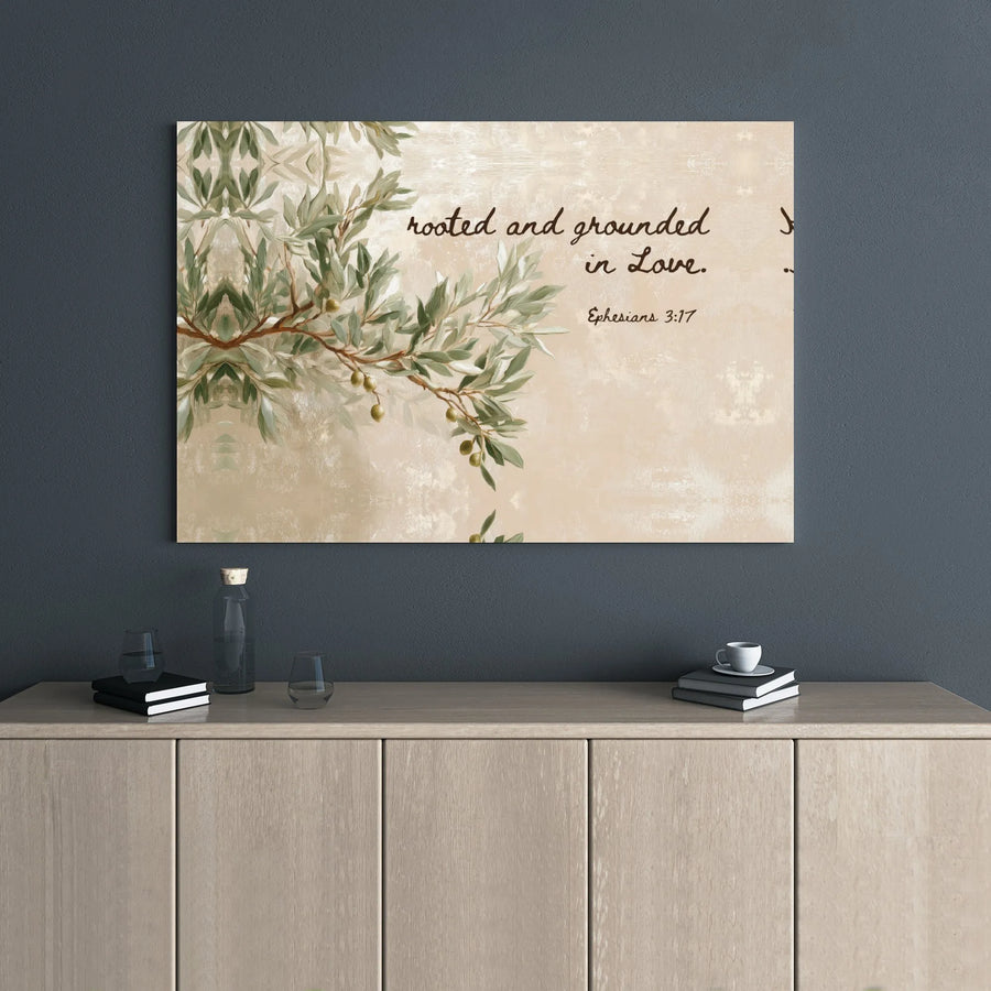 Rooted and Grounded in Love Canvas Wall Art | Scripture Ephesians 3:17 Olive Branch Print | Premium Gallery Wrap Decor | Christian Home Gift