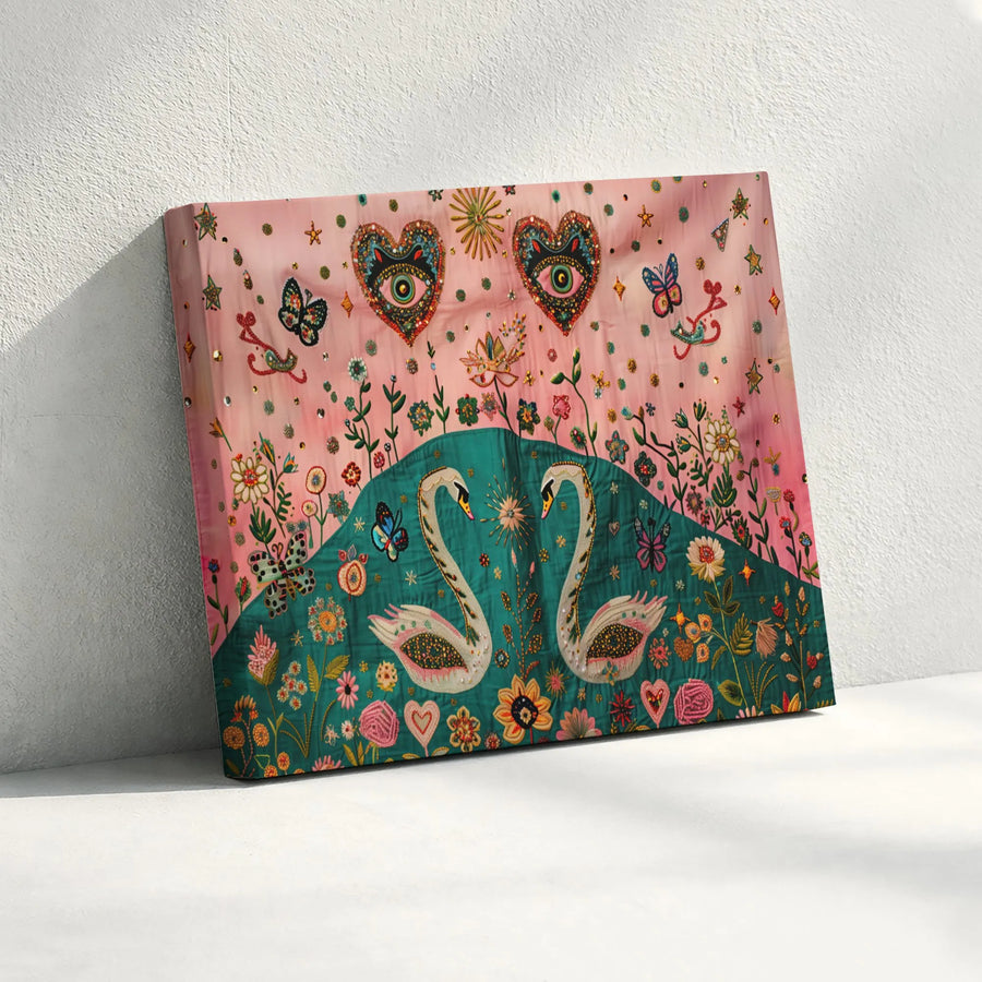 Swan Wall Art | Whimsical Floral Evil Eye Canvas Print | Premium Gallery Wrap Decor | Bohemian Spiritual Home Gift