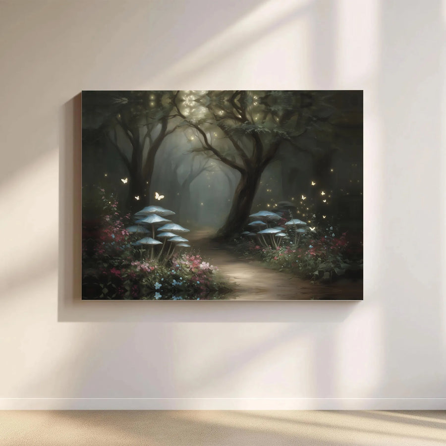 Enchanted Forest Horizontal Canvas | Magical Glowing Mushroom Wall Art | Premium 1.25" Gallery Wrap Print | Mystical Fairycore Path Landscape Gift for Living Room