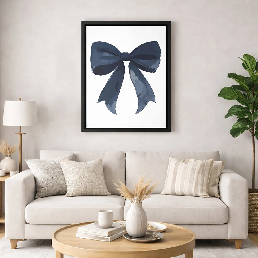 Navy Blue Bow Wall Art | Watercolor Ribbon Minimalist Print | Premium Gallery Wrapped Canvas | Elegant Nursery or Bedroom Home Decor