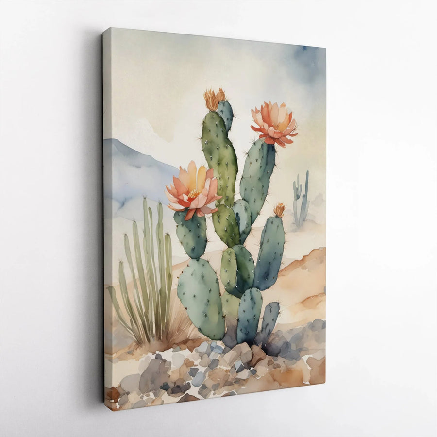 Desert Cactus Wall Art | Watercolor Blooming Prickly Pear Print | Premium Gallery Wrap Canvas | Southwestern Home Decor Gift