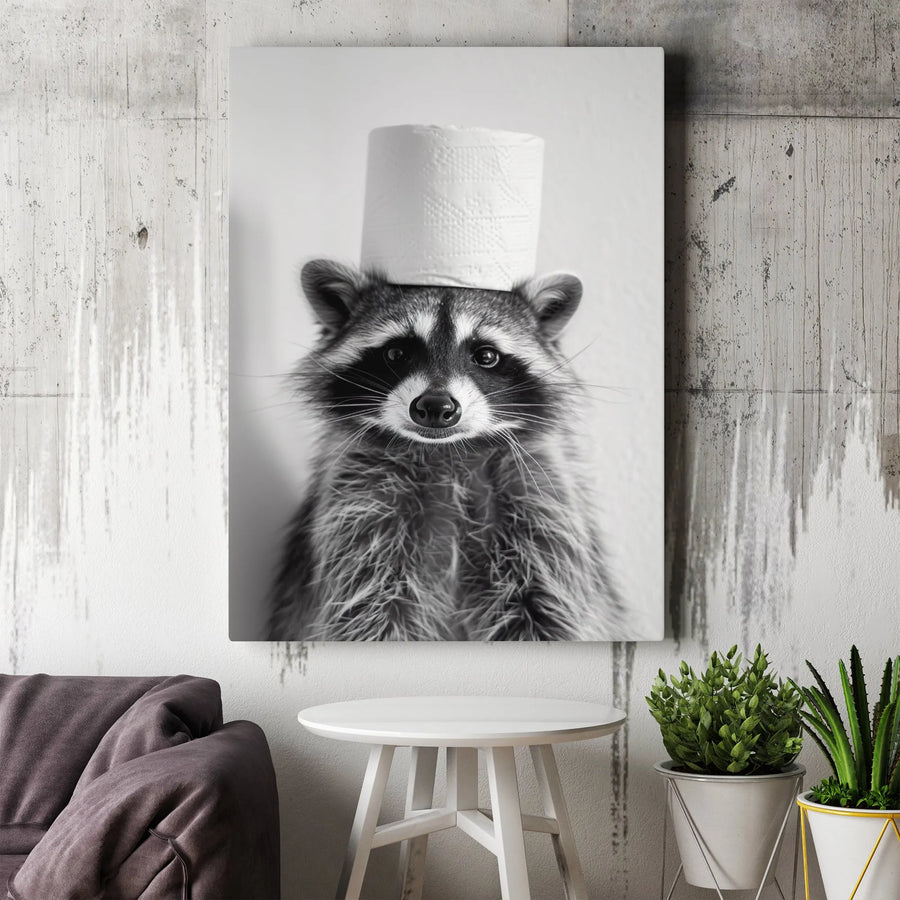 Funny Raccoon Bathroom Wall Art | Quirky Toilet Paper Head Portrait | Premium 1.25 Inch Gallery Canvas | Humorous Home Decor Gift for Animal Lovers