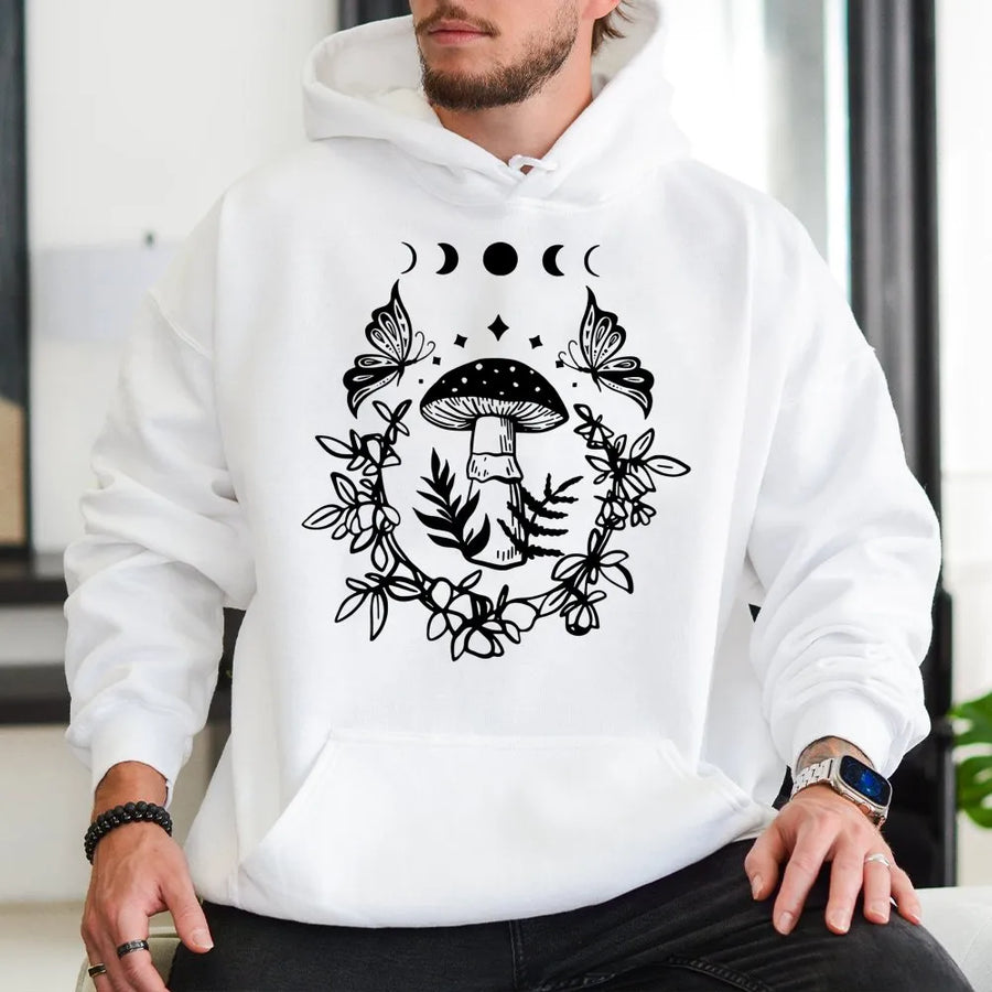 Mushroom Butterfly Hoodie | Cottagecore Botanical Moon Phases Design | Premium Cotton Blend | Aesthetic Nature Lover Gift for Her