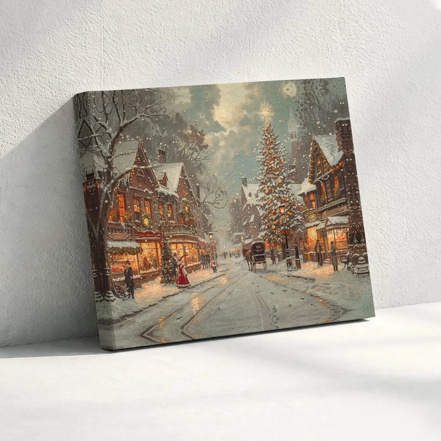 Christmas Village Canvas Print | Vintage Snowy Town Street Scene | Premium Gallery Wrap Wall Art | Festive Holiday Decor Gift for Home