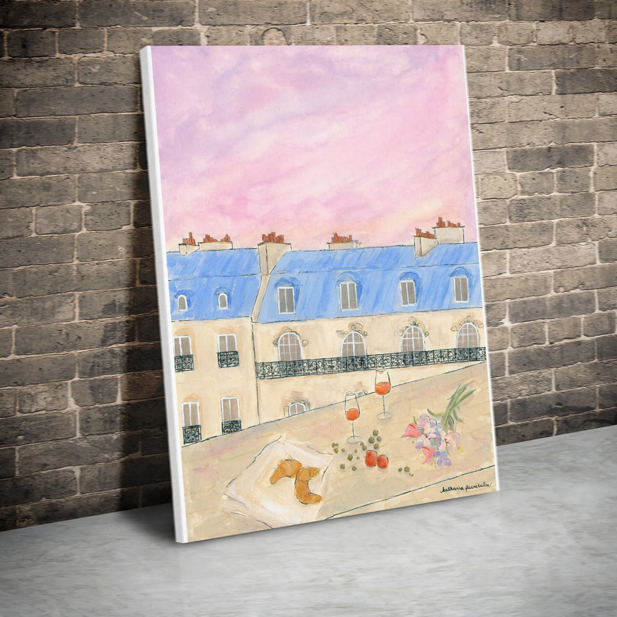 Parisian Rooftop Vertical Canvas | Romantic Paris Balcony Scene | Premium Gallery Wrap Wall Art | French Themed Home Decor Gift