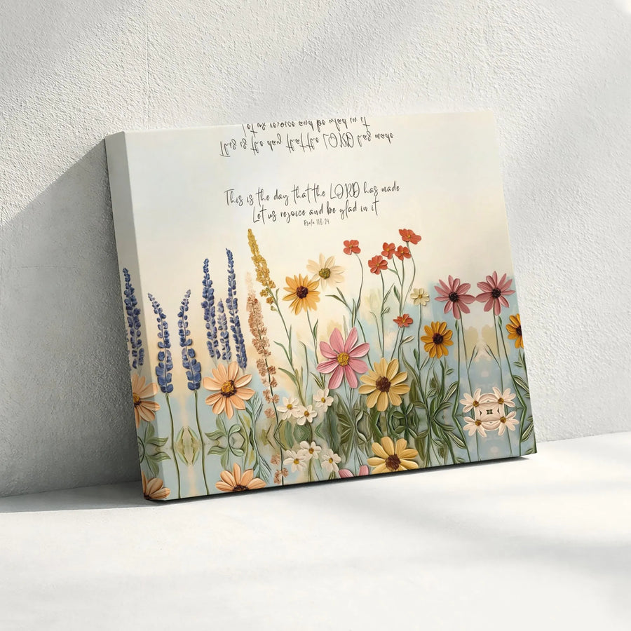 Bible Verse Canvas Wall Art | Textured Wildflower Psalm 118:24 Print | Premium Christian Decor | Inspirational Faith Gift for Home