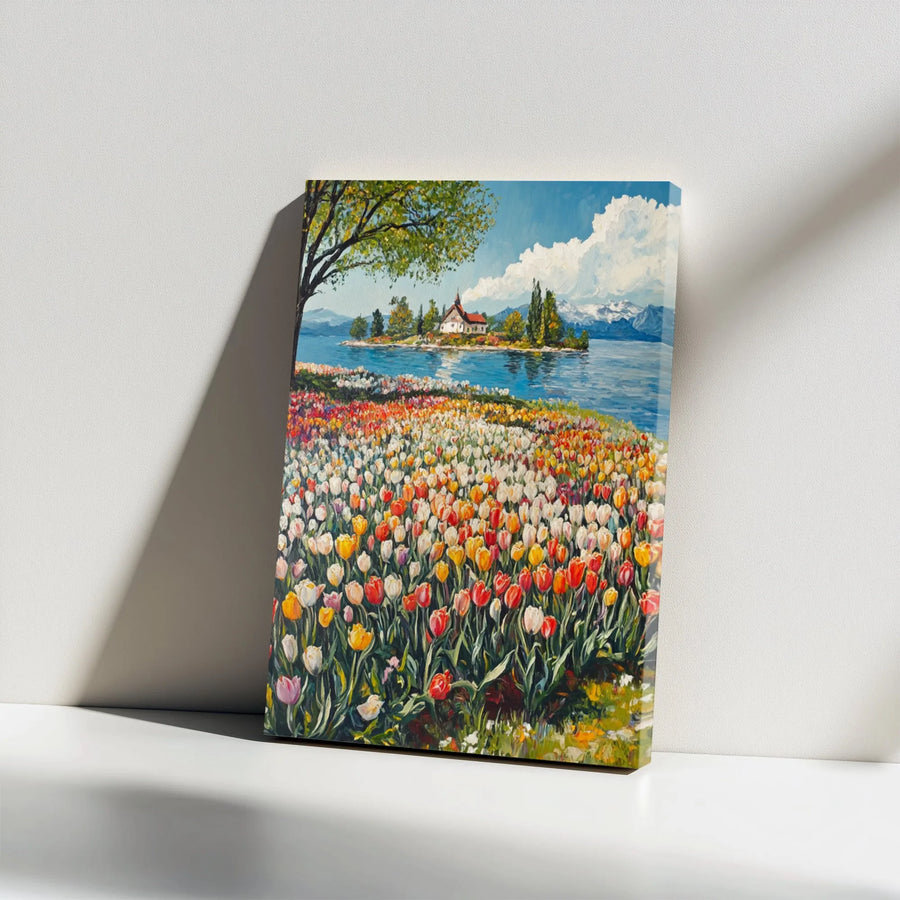 Tulip Field Landscape Vertical Canvas | Impressionist Spring Lakeside Painting | Premium High-Resolution Print | Living Room Wall Decor Gift