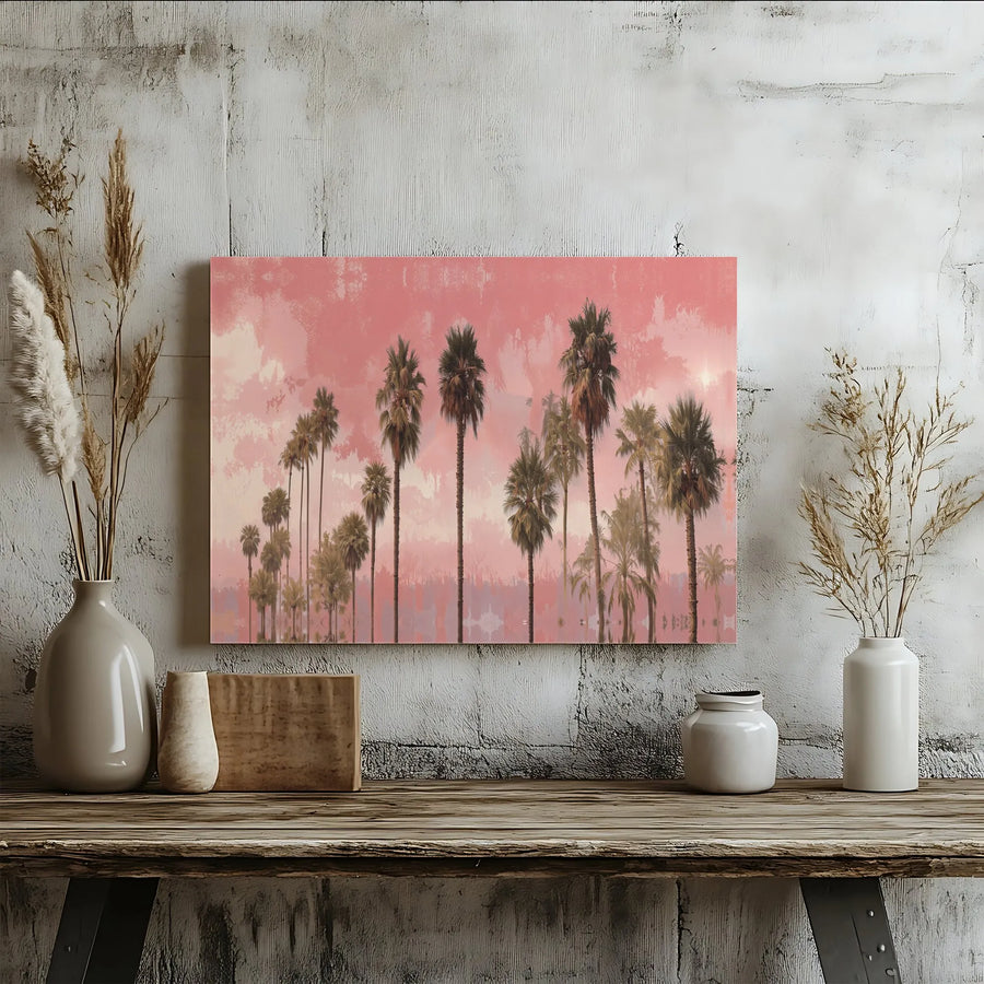 Palm Tree Canvas Wall Art | Retro Tropical Landscape with Pink Sky | Premium Gallery Wrapped Canvas | Boho Coastal Living Room Decor
