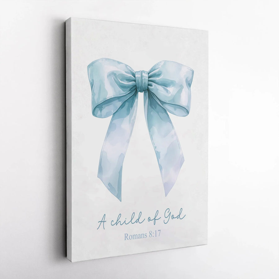 A Child of God Wall Art | Blue Watercolor Bow Aesthetic | Premium Gallery-Wrapped Canvas | Christian Home Decor & Baptism Gift