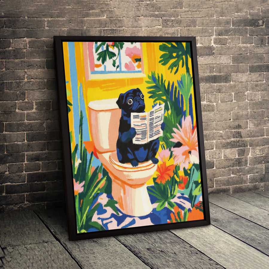Black Pug Reading Newspaper on Toilet Canvas | Funny Bathroom Wall Art | Premium Gallery Wrapped Print | Quirky Dog Lover Home Decor Gift