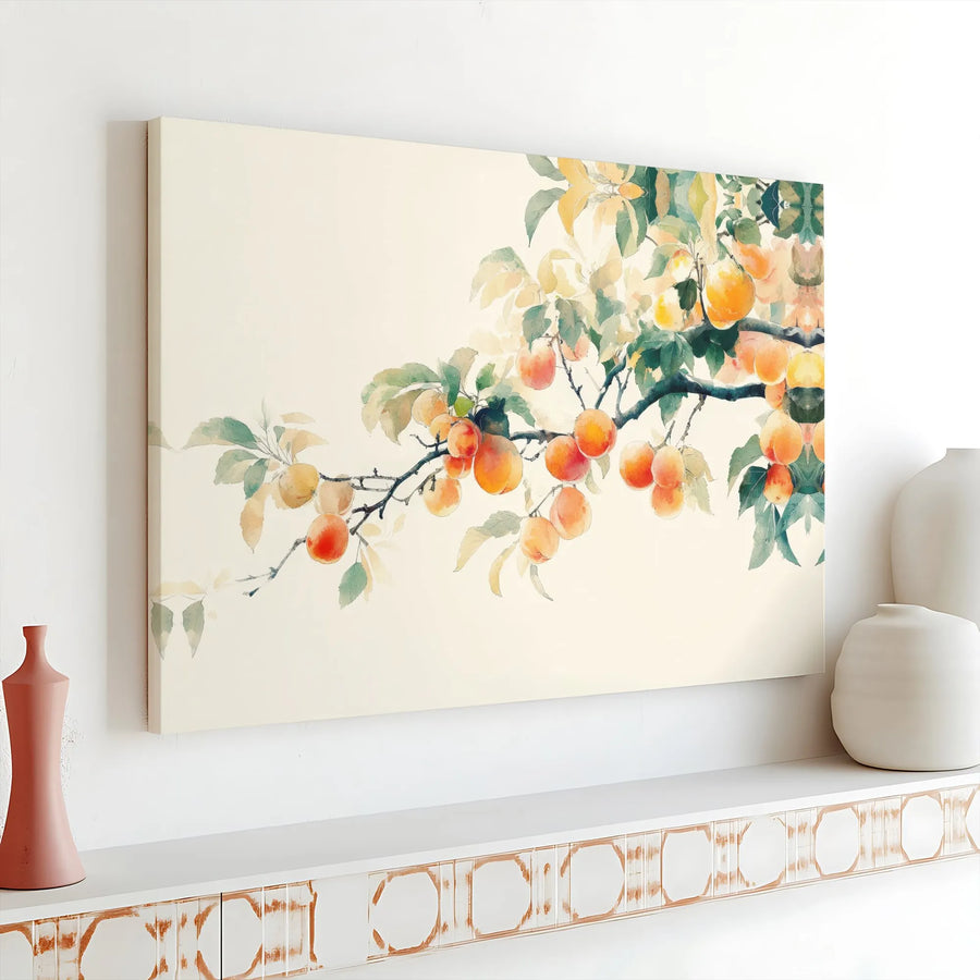 Watercolor Apricot Branch Canvas Art | Minimalist Botanical Fruit Painting | Premium Fade-Resistant Print | Modern Farmhouse Kitchen Decor Gift