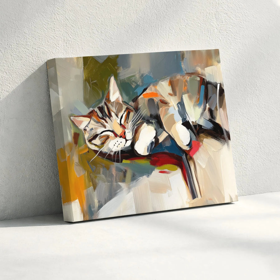 Sleeping Tabby Cat Wall Art | Colorful Abstract Brushstroke Print | 1.25-Inch Gallery-Wrap Canvas | Modern Animal Lover Gift Home Decor