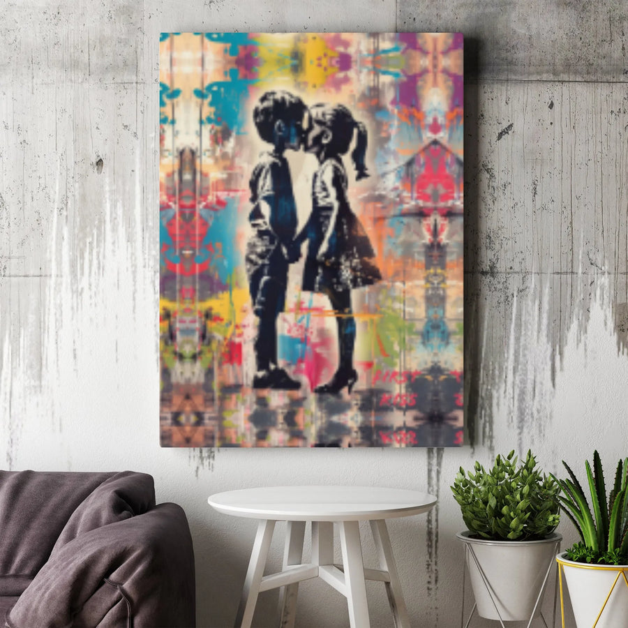Kissing Children Graffiti Canvas Wall Art | Urban Street Style Lovers Decor | Premium 1.25" Gallery Wrap | Romantic Gift for Couples Home