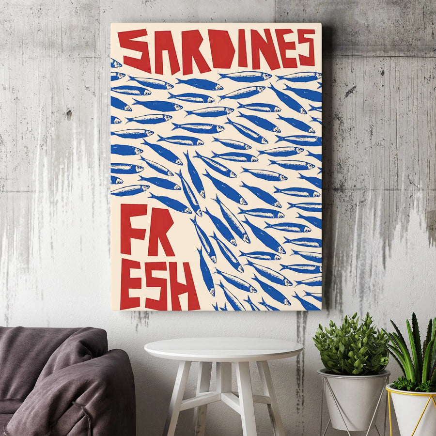 Sardines Fresh Wall Art Canvas | Retro Mediterranean Kitchen Decor | Premium Gallery Wrap Print | Unique Coastal Home Gift