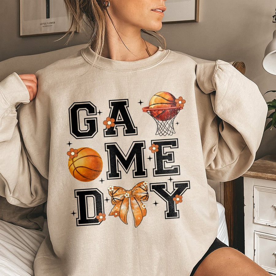 Game Day Basketball Sweatshirt | Retro Coquette Bow Graphic | Premium Cotton Blend | Cute Gift for Basketball Moms and Fans