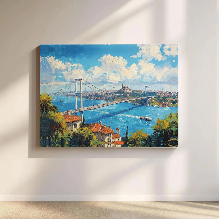 Istanbul Bosphorus Bridge Canvas Wall Art | Vibrant Impressionist Cityscape Painting | Premium Gallery Wrapped Canvas | Turkish Home Decor Gift for Traveler