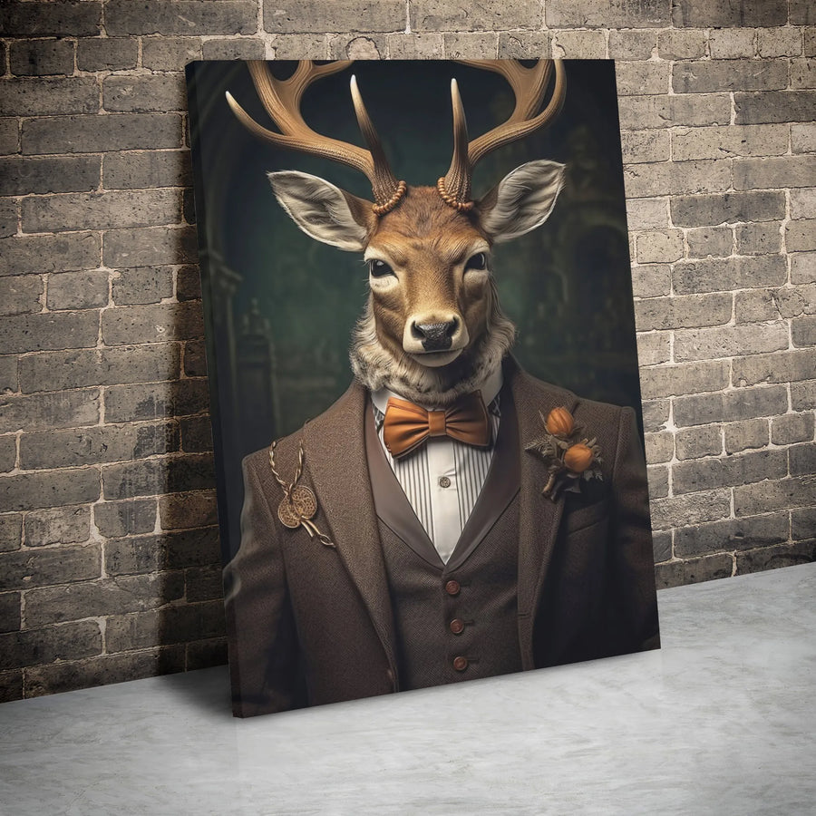 Dapper Deer Canvas Wall Art | Victorian Gentleman Animal Portrait | Premium Gallery-Wrapped Print | Unique Office Decor Gift for Him