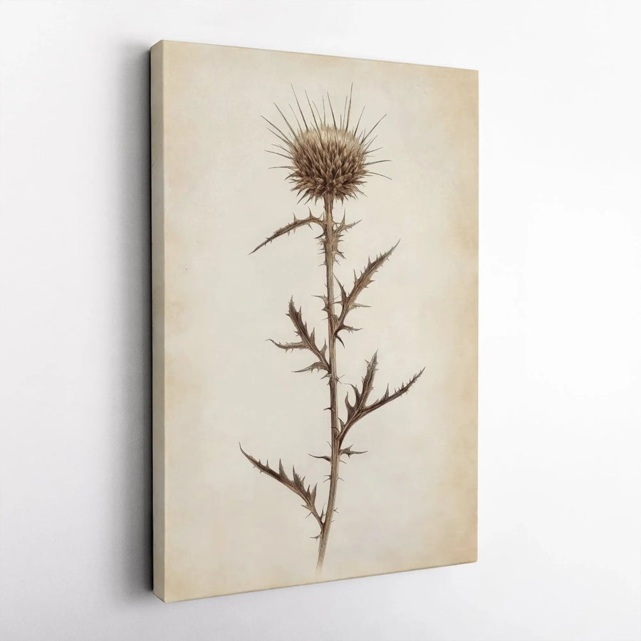 Vintage Thistle Botanical Canvas Wall Art | Antique Style Floral Sketch Print | Premium Gallery Wrap Wooden Frame | Rustic Home & Office Decor Gift