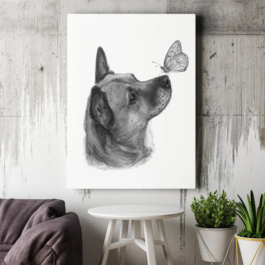 Dog and Butterfly Canvas Print | Pencil Sketch Wall Art | Premium Gallery Wrapped | Pet Lover Home Decor Gift