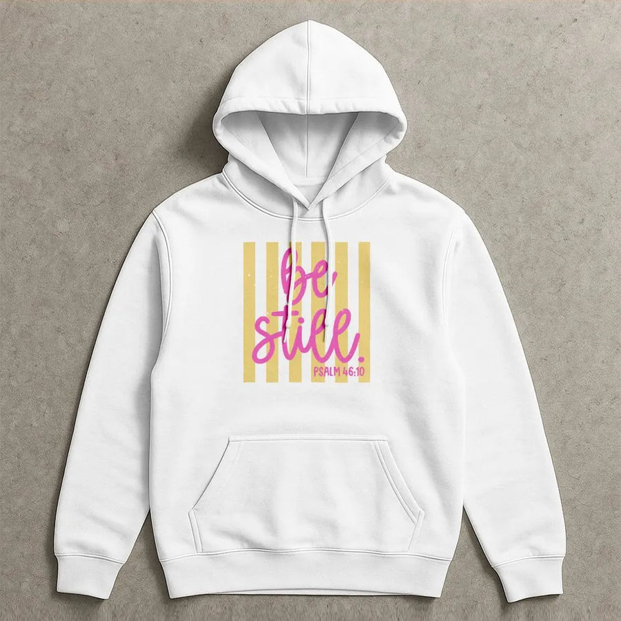 Be Still Psalm 46:10 Hoodie | Retro Striped Christian Graphic Tee | Premium Comfort Colors Cotton | Faith Based Gift for Women and Men