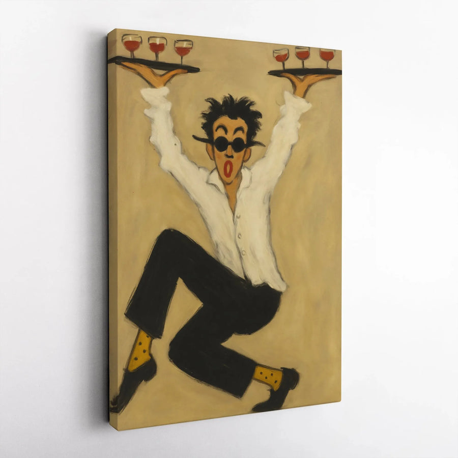 Whimsical Waiter Wall Art | Funny Restaurant Server Carrying Wine | Premium Gallery Wrapped Canvas | Perfect Gift for Wine Lovers