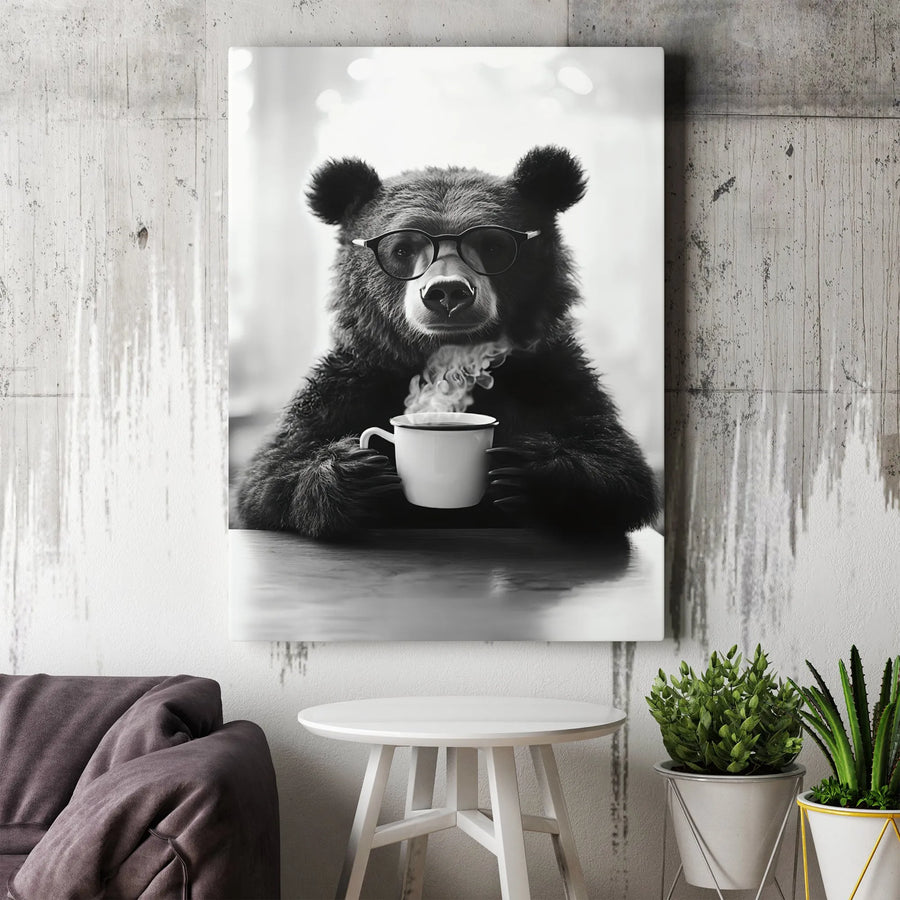 Bear Drinking Coffee Canvas Wall Art | Quirky Animal Portrait in Glasses | Premium Gallery Wrap Print | Modern Kitchen and Office Decor Gift