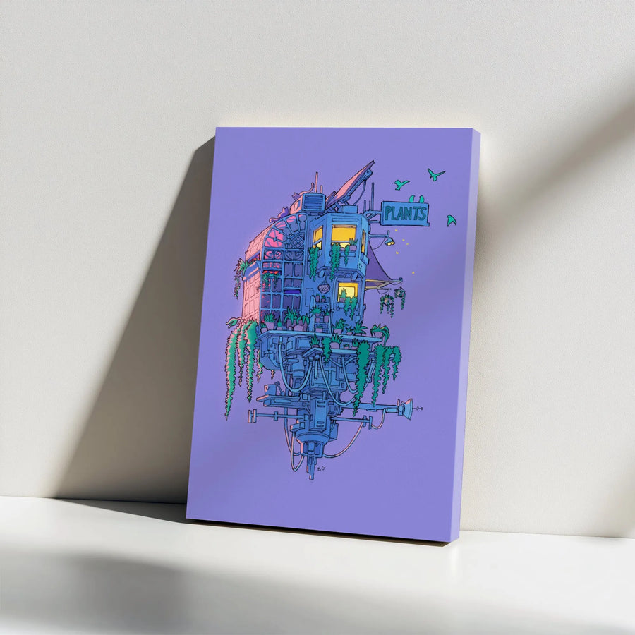 Sci-Fi Plant Station Vertical Canvas | Vibrant Floating Botanical Outpost Art | Premium Gallery Wrapped Canvas | Gift for Gamer and Plant Lovers