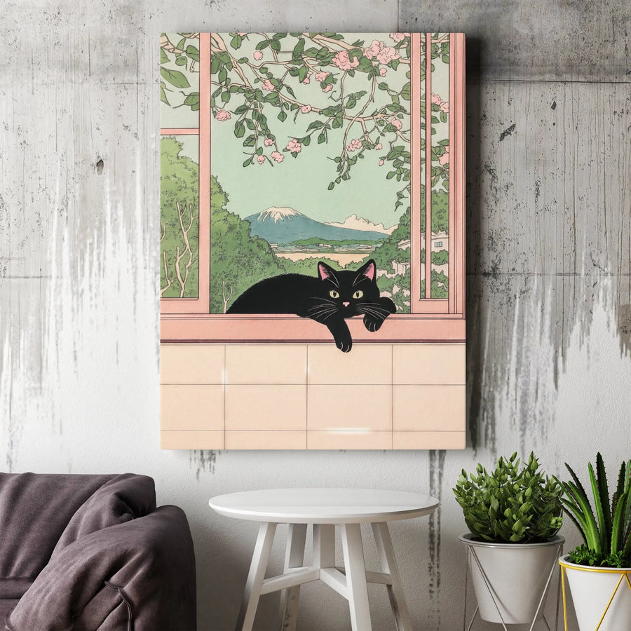 Japanese Black Cat Canvas Art | Mount Fuji Window View Print | 1.25-Inch Gallery Wrap | Premium Aesthetic Home Decor for Cat Lovers Gift