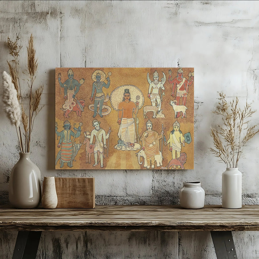 Navagraha Hindu Deities Canvas Art | Nine Planets Traditional Indian Painting | Premium Gallery Wrap Wall Decor | Spiritual Home Gift for Meditation