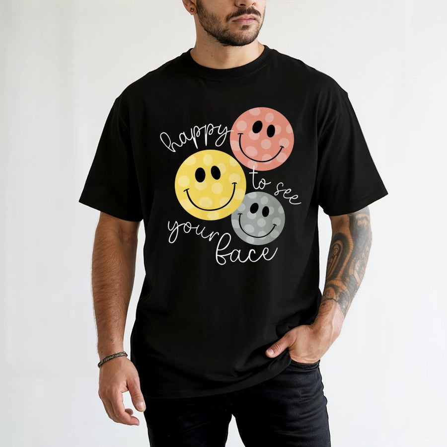 Happy To See Your Face T-Shirt | Retro Smiley Teacher Apparel | 100% Cotton Premium Tee | Back To School Gift For Educators