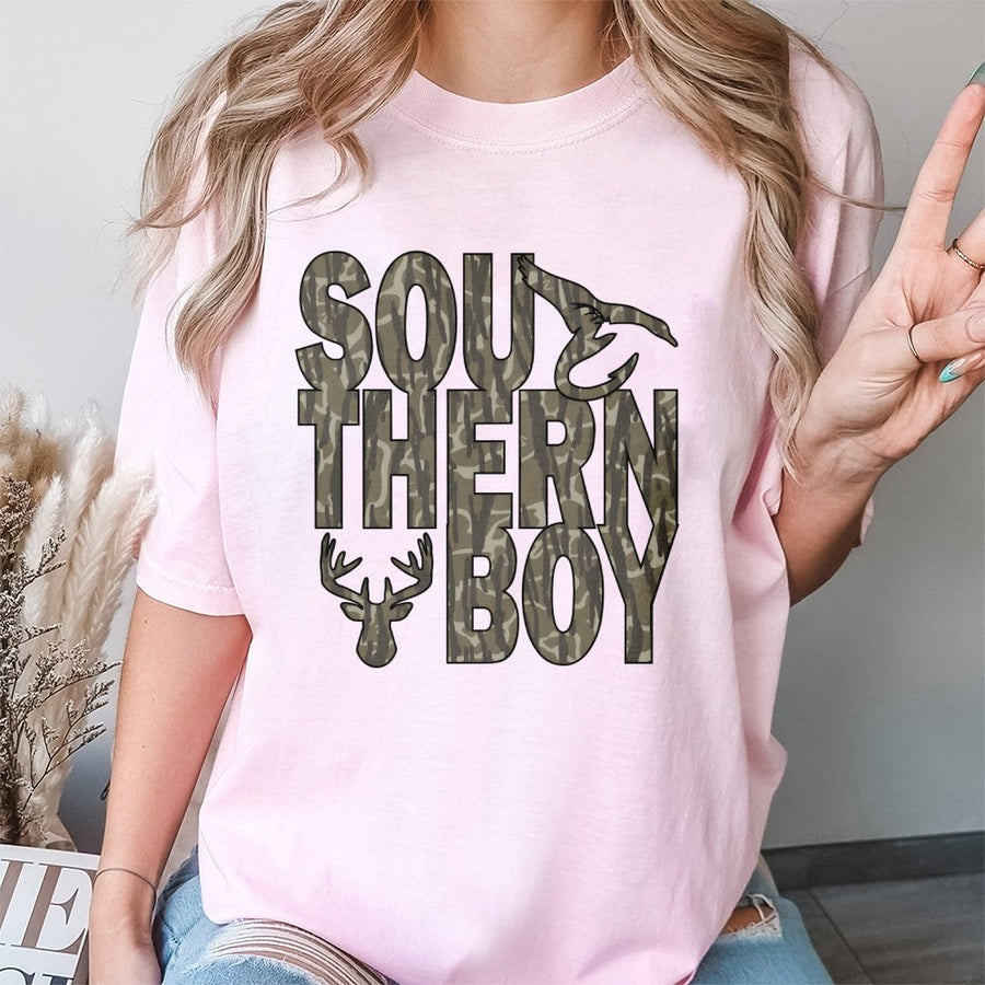 Southern Boy Graphic T-Shirt | Camo Print Deer Antler Design | 100% Cotton Premium Tee | Country Style Gift for Men and Boys
