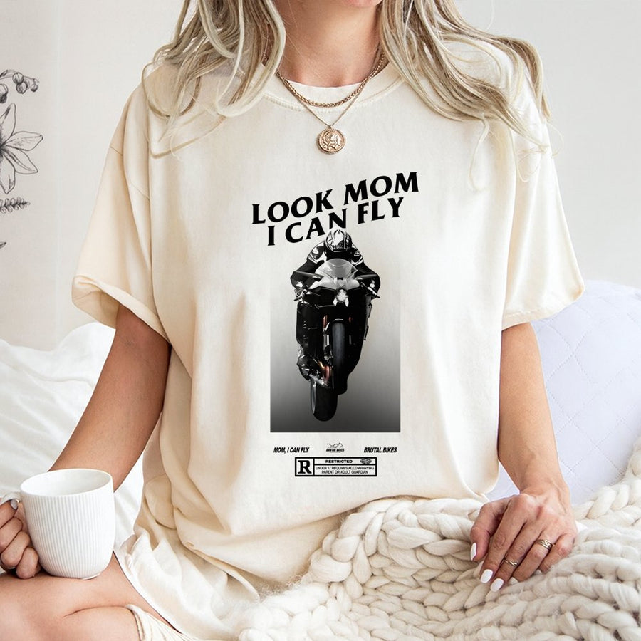 Motorcycle T-Shirt | Look Mom I Can Fly Wheelie Graphic | Premium Cotton Streetwear | Gift For Biker Men And Adrenaline Junkies