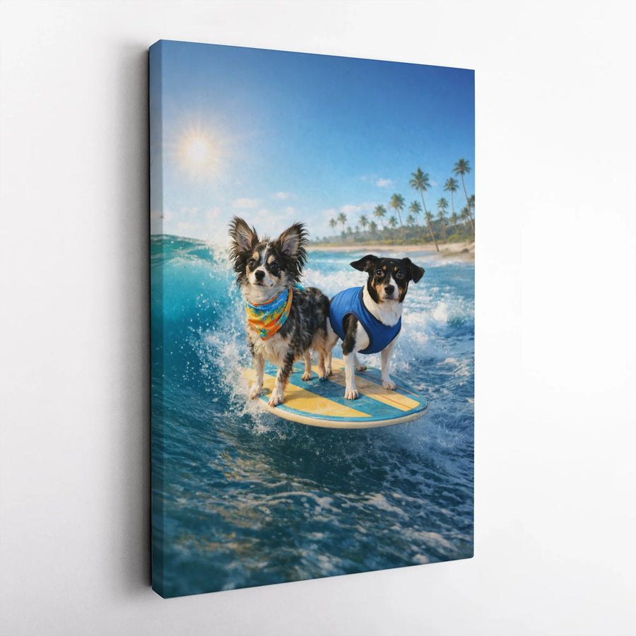 Surfing Dogs Canvas Wall Art | Funny Tropical Beach Scene | Premium Thick Gallery Wrap | Gift for Dog Lover, Beach House Decor