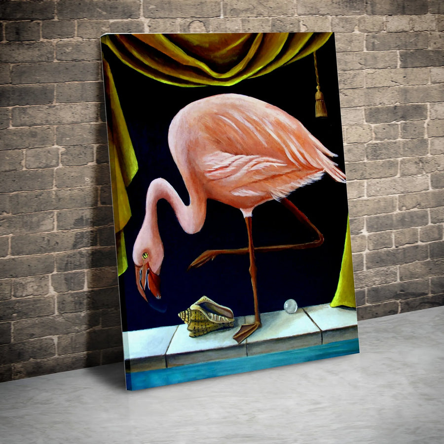 Pink Flamingo Vertical Canvas | Surreal Bird Painting Wall Art | Premium Thick Gallery Wrap | Collector's Gift for Eclectic Home Decor