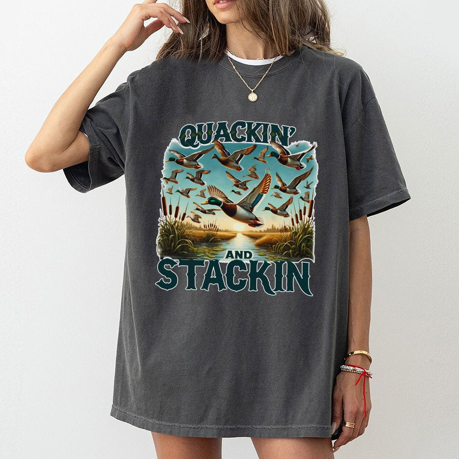 Quackin' And Stackin' Duck Hunting T-Shirt | Mallard Flying Marsh Illustration | 100% Cotton Premium Tee | Wildlife Enthusiast Gift For Men