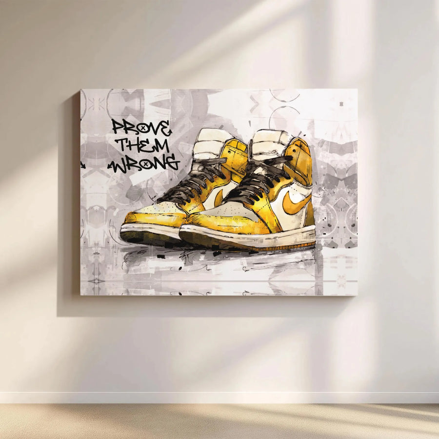 Prove Them Wrong Sneaker Canvas Art | Yellow High-Top Basketball Shoes Design | Premium 1.25-Inch Thick Gallery Print | Motivational Wall Decor for Sneakerheads